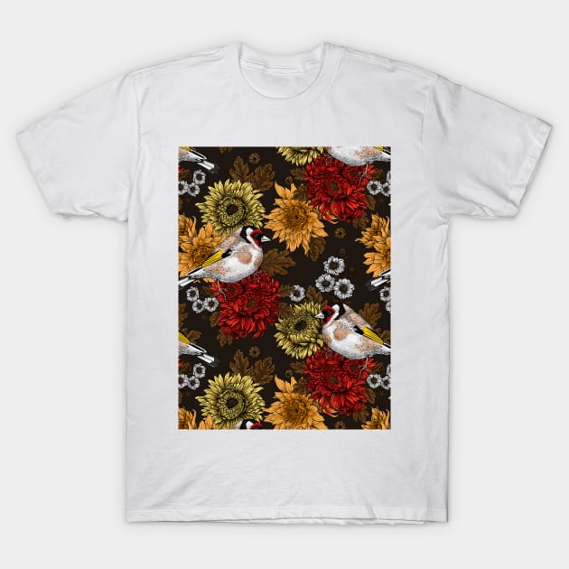 Goldfinch and chrysanthemum flowers T-Shirt by katerinamk